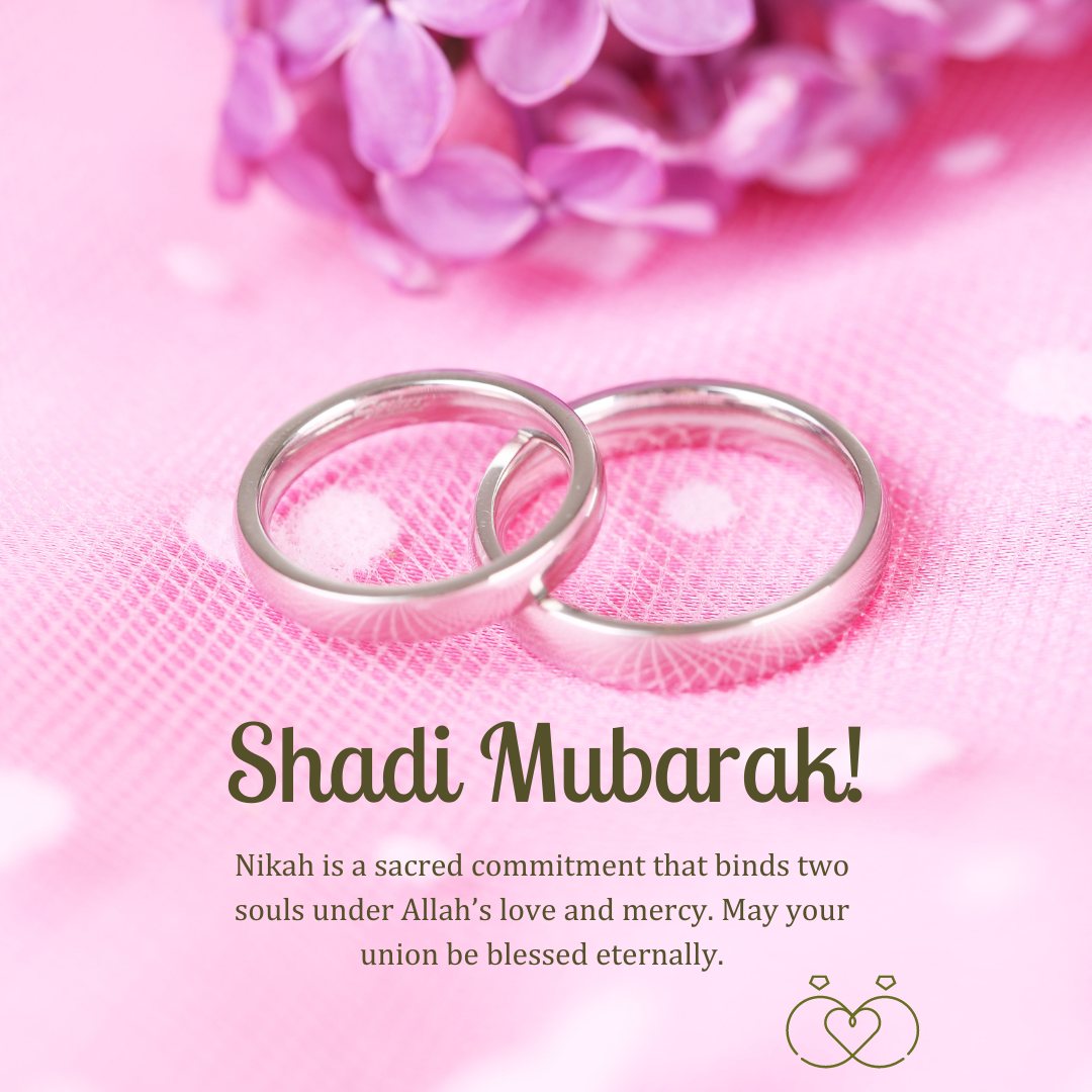 Islamic Nikah Quotes presented on a pink background with two silver wedding rings and purple flowers, emphasizing the eternal blessings of Allah on marriage.