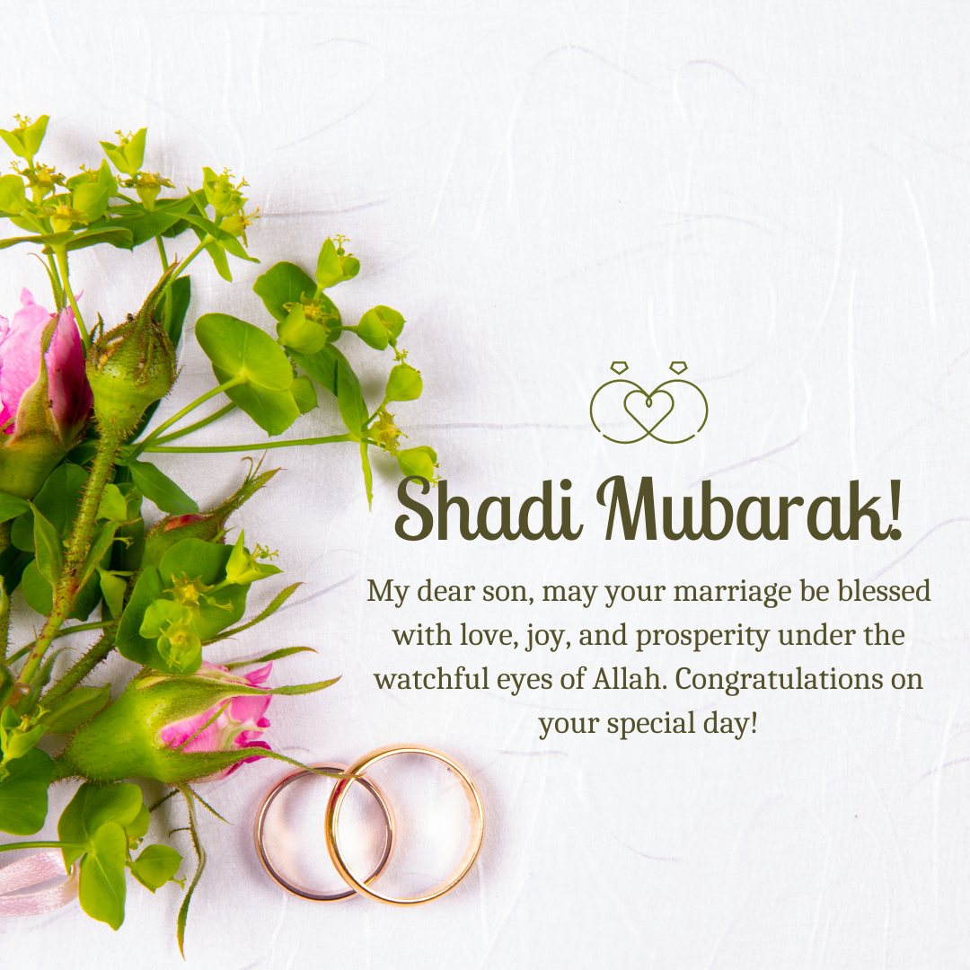 Islamic Wedding Wishes for Son featuring a heartfelt message with wedding rings and a vibrant bouquet of flowers on a white textured background.
