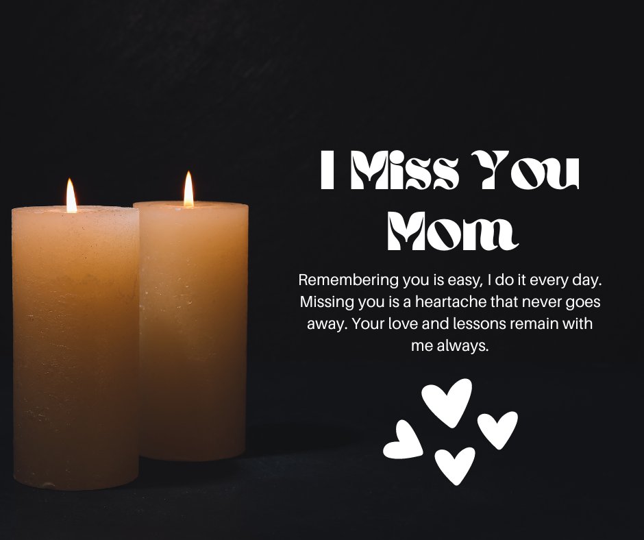 "Messages in memory of my mother, who passed away" tribute image featuring two lit candles with a poignant message about daily remembrance and enduring love, set against a dark background.