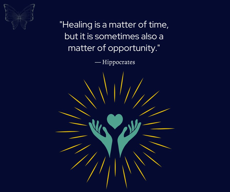 Illustration of two hands holding a heart with glowing rays, paired with the quote 'Healing is a matter of time, but it is sometimes also a matter of opportunity.' by Hippocrates. Quotes About Personal Growth and Healing.