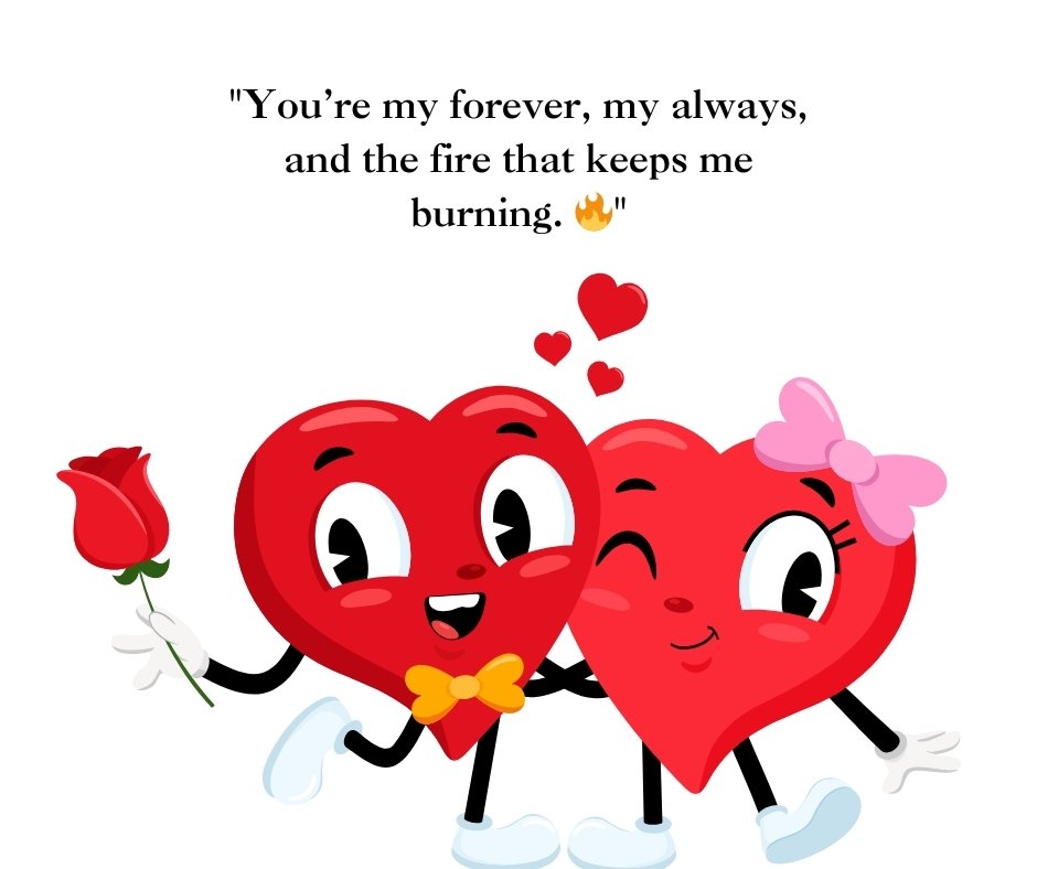 Two cute heart-shaped cartoon characters, one holding a rose, with hearts floating around, and a romantic quote: 'You’re my forever, my always, and the fire that keeps me burning.' Ideal for sexy love quotes for wife.
