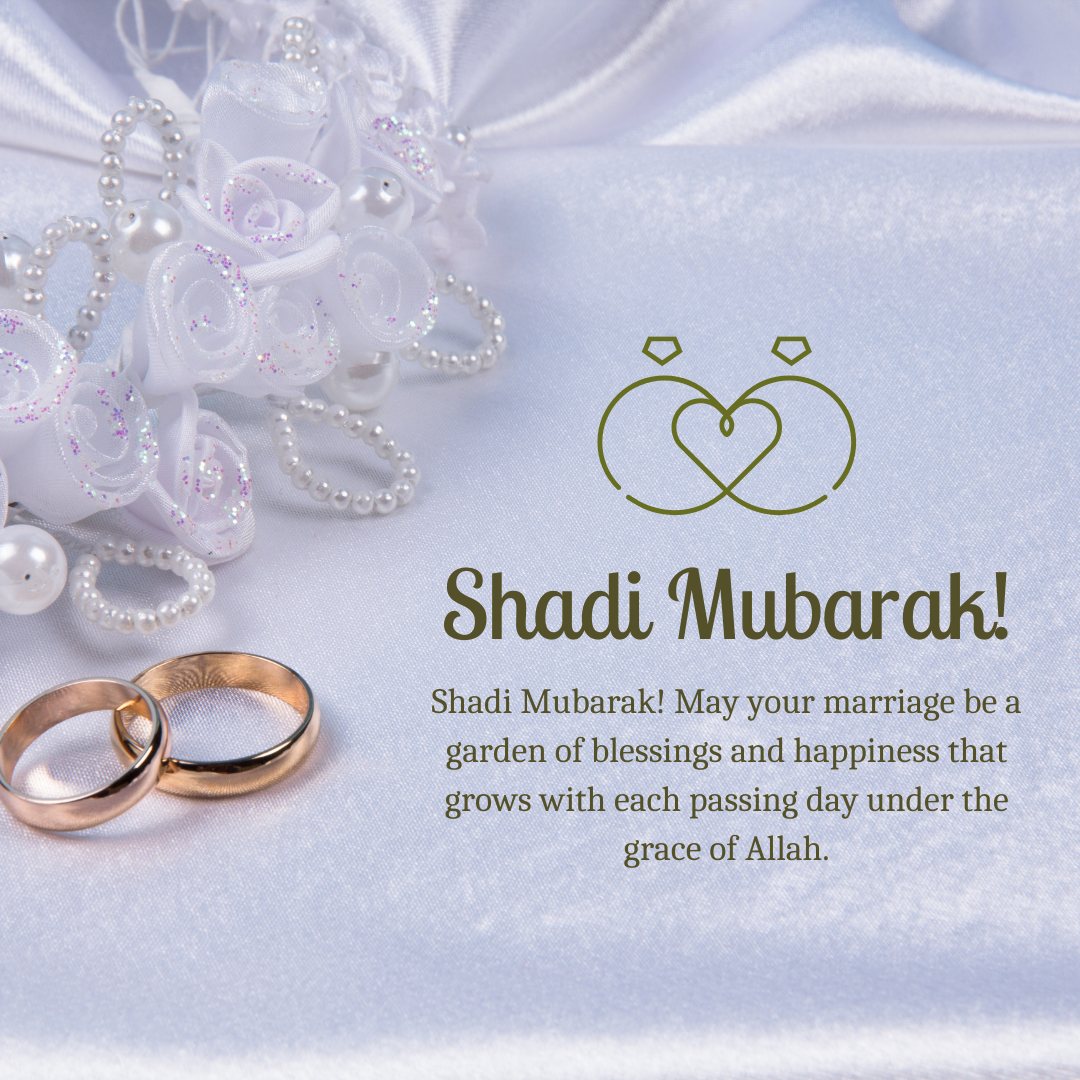 Shadi Mubarak Wishes displayed on a graceful greeting card with wedding rings, white satin ribbons, and pearls on a silky fabric background, accompanied by a message blessing the marriage with the grace of Allah.