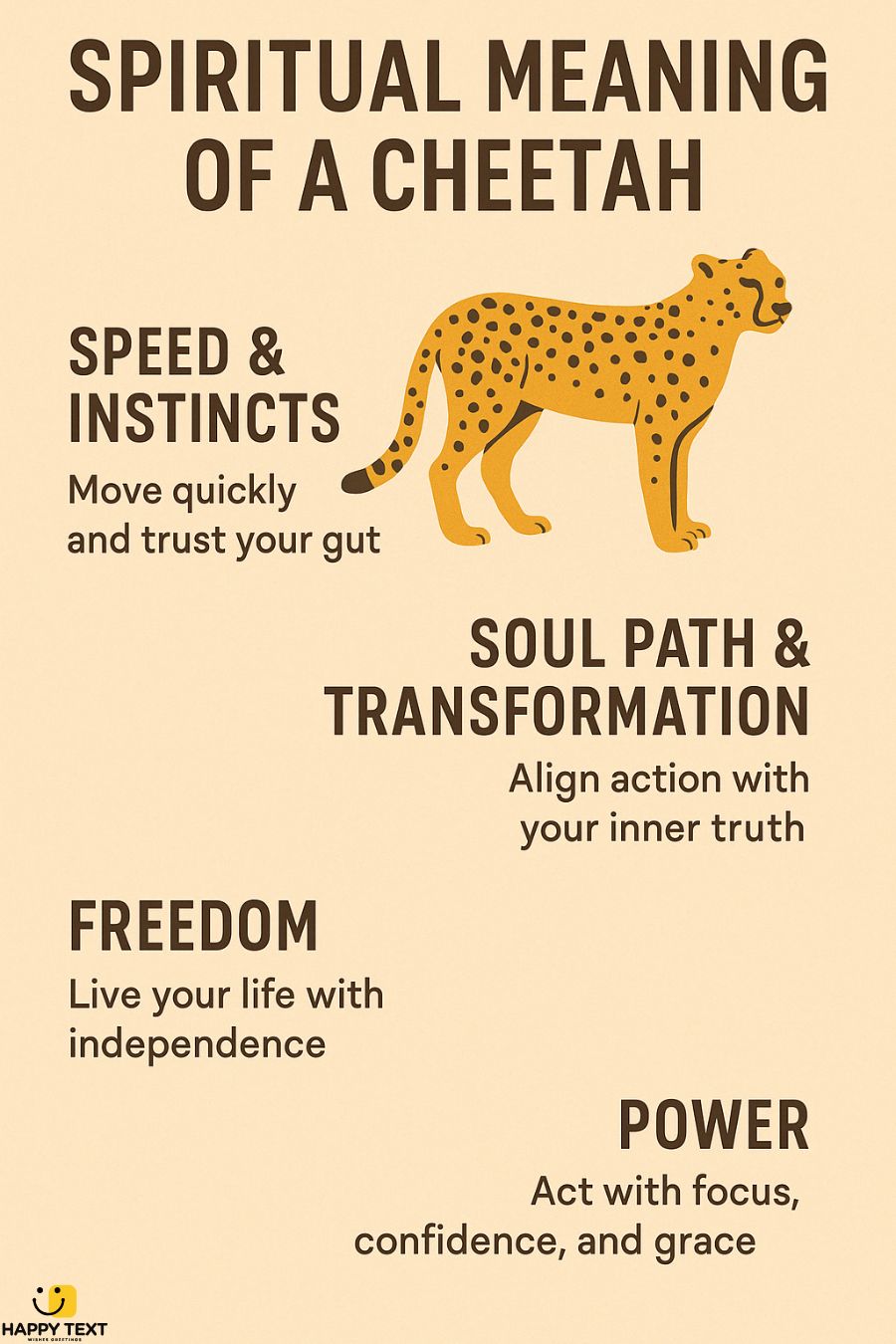 Infographic showing the spiritual meaning of a cheetah, including symbols of speed, intuition, personal power, emotional clarity, and soul transformation.