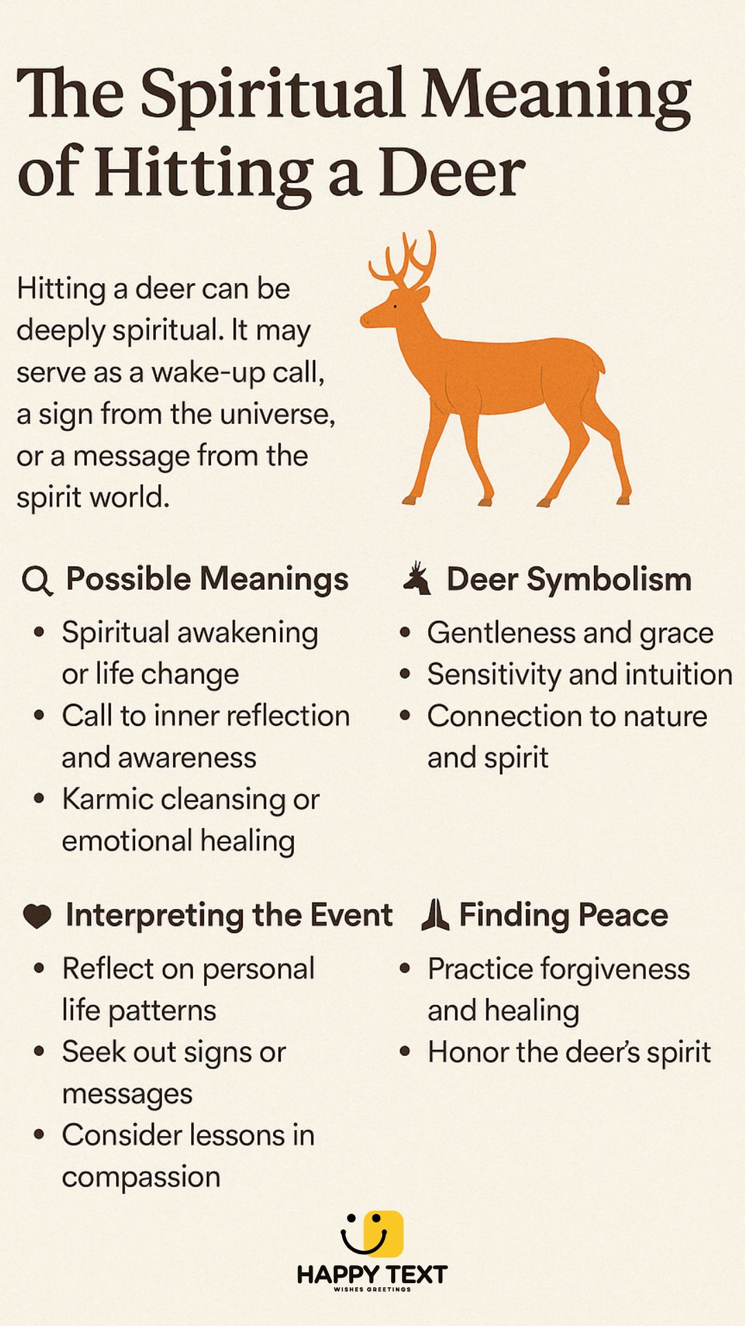 Infographic titled “The Spiritual Meaning of Hitting a Deer” showing symbolic meanings, emotional impact, spiritual lessons, and ways to find peace after hitting a deer.