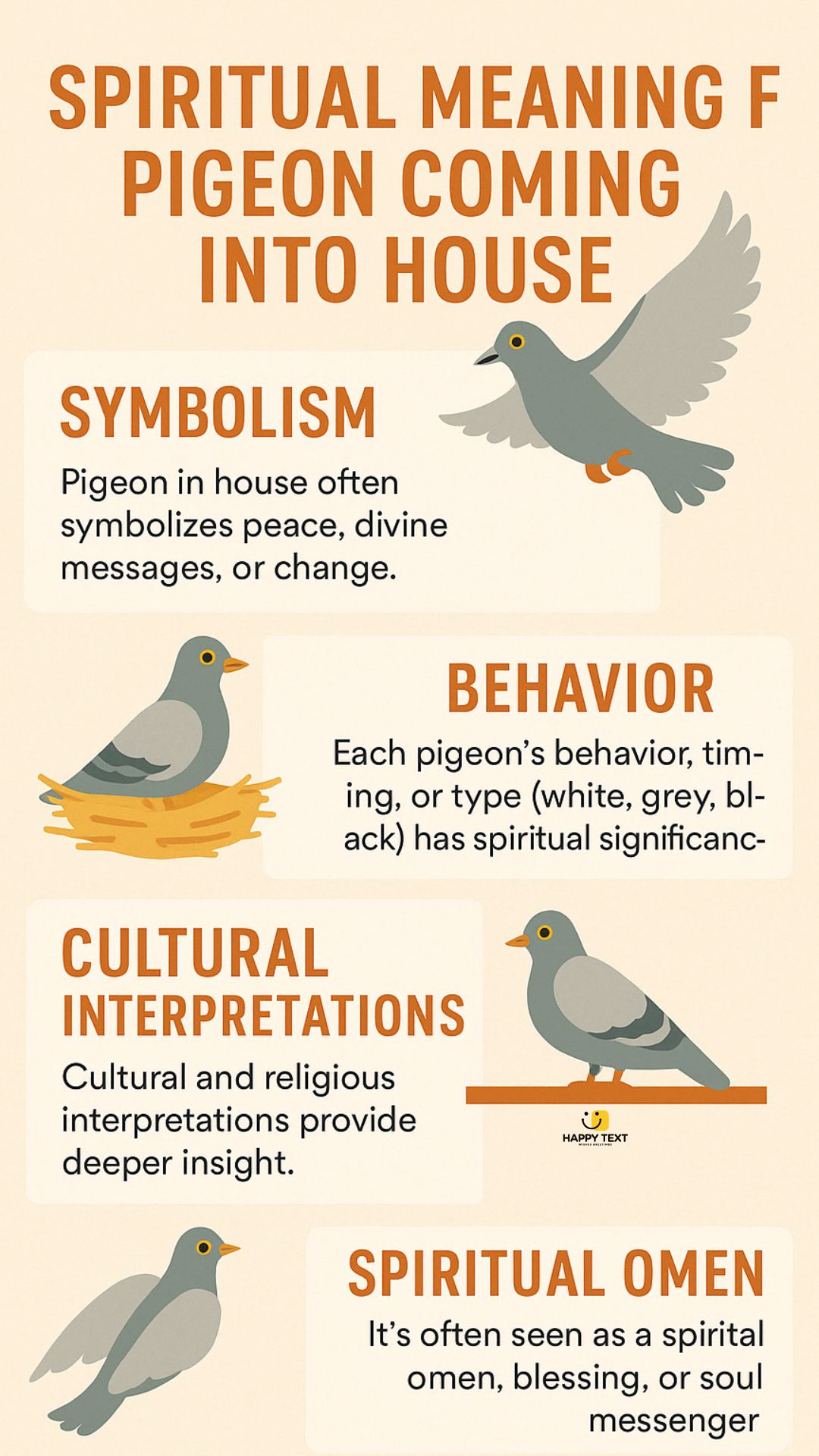 Infographic showing the spiritual meaning of pigeon coming into house, including symbolism, behavior, cultural interpretations, and spiritual omen.