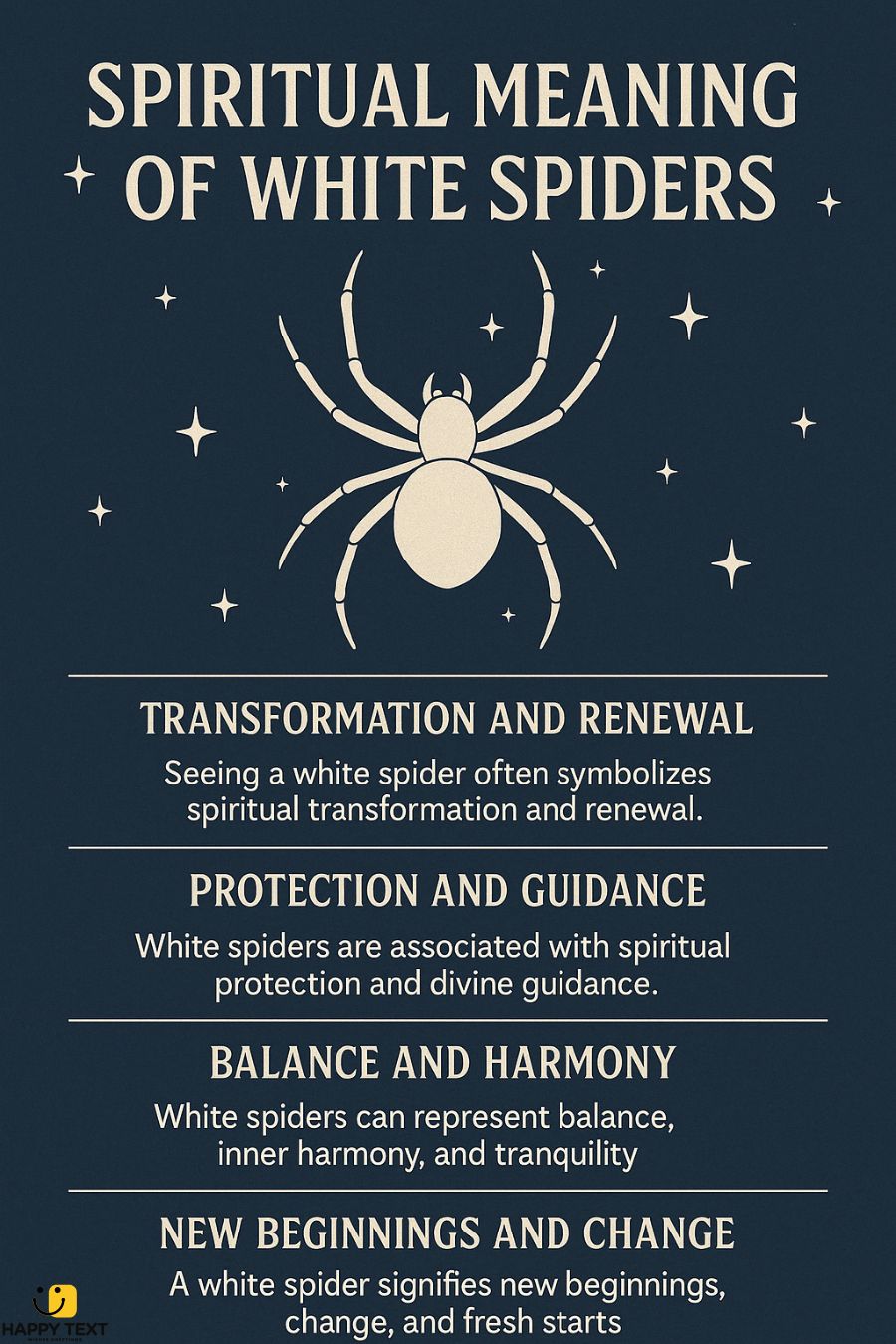Infographic showing the spiritual meaning of white spiders, including transformation and renewal, protection and guidance, balance and harmony, and new beginnings. Features a central white spider illustration with stars on a dark blue background and cream-colored text.
