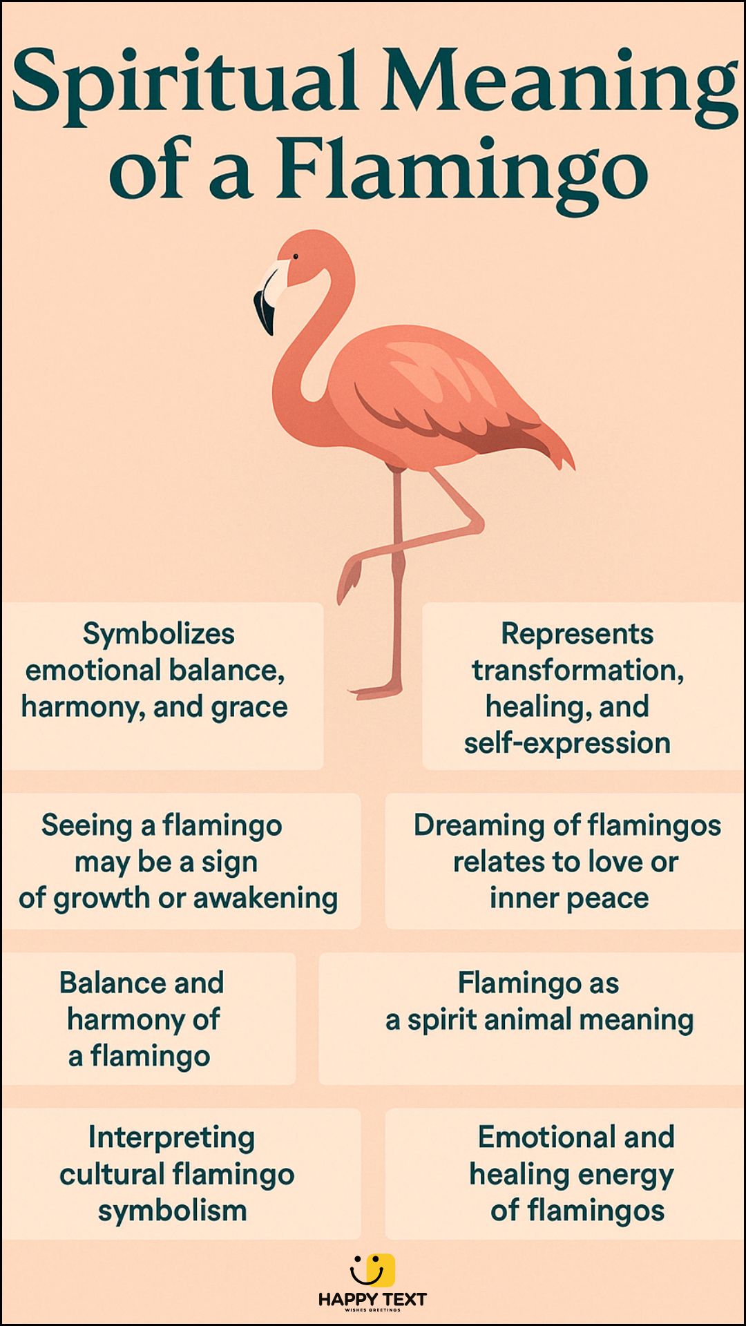 Infographic explaining spiritual meaning of a flamingo including symbols of love, emotional healing, balance, and transformation