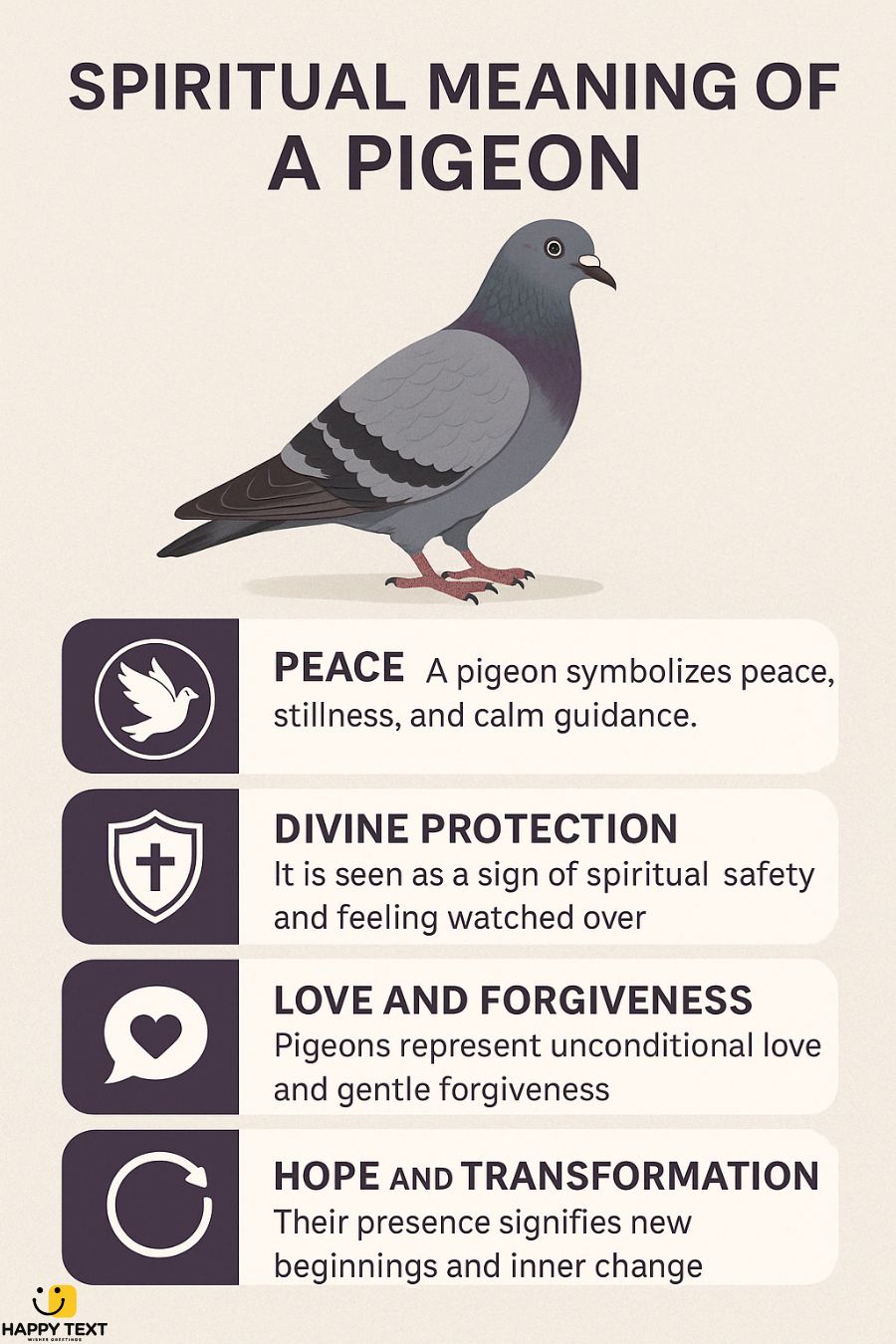 Infographic titled "Spiritual Meaning of a Pigeon" featuring a pigeon illustration and four key meanings: peace, divine protection, love and forgiveness, and hope and transformation. Each meaning is paired with an icon and short description in a soft-toned, clean layout.