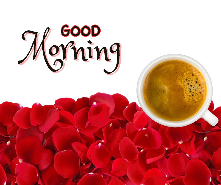 Vivid good morning coffee image showcasing a white cup of espresso surrounded by a sea of red rose petals, highlighted with elegant 'Good Morning' calligraphy above, creating a romantic and refreshing morning setting.
