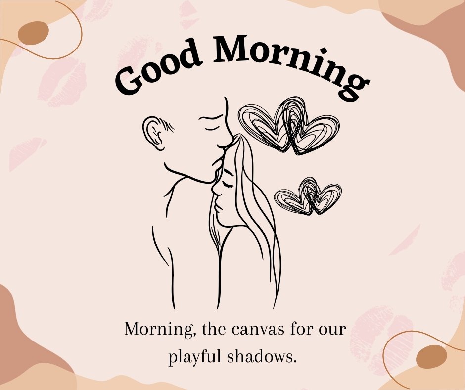 Good Morning Kiss Image featuring a minimalist sketch of a couple kissing, surrounded by whimsical heart shapes, symbolizing the playfulness and intimacy of a morning kiss.