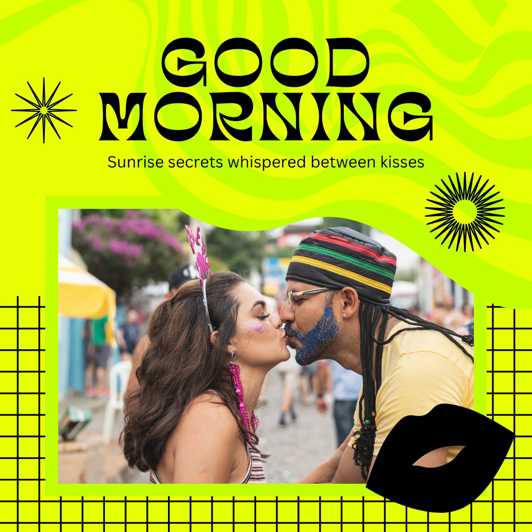 Colorful Good Morning Kiss Image depicting a vibrant festival scene where a couple shares a playful kiss. The man, adorned with a bright blue beard glitter, and the woman, with purple lipstick and a unicorn headband, embody the joy of a festival morning. The backdrop features a bustling street with the caption 'Sunrise secrets whispered between kisses.