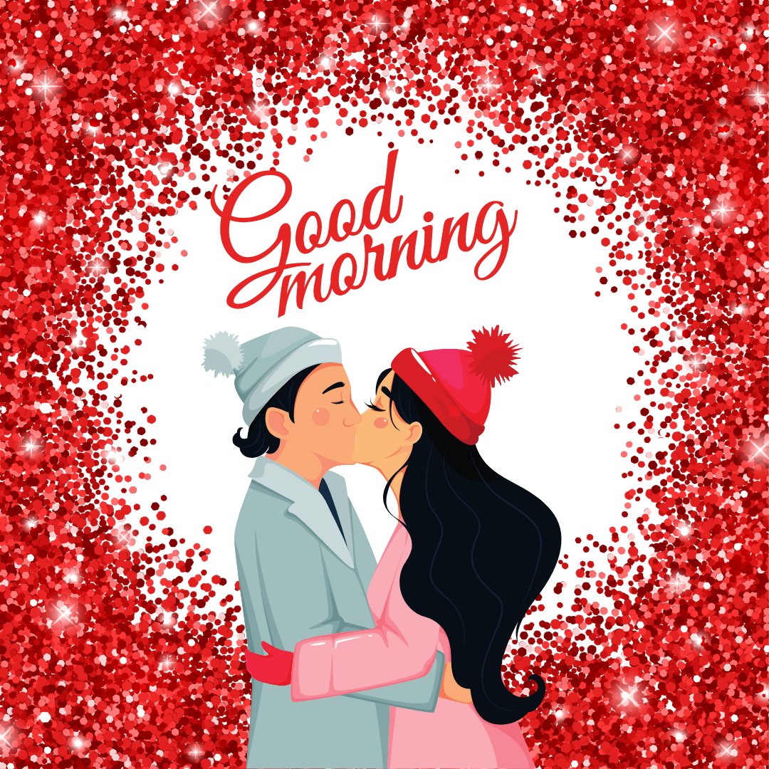 Charming Good Morning Kiss Image featuring a couple in winter attire sharing a tender kiss. The man in a gray coat and the woman in a pink jacket are set against a dazzling background of shimmering red glitter, highlighting a festive and romantic scene. The 'Good Morning' greeting in elegant script adds a heartwarming touch.