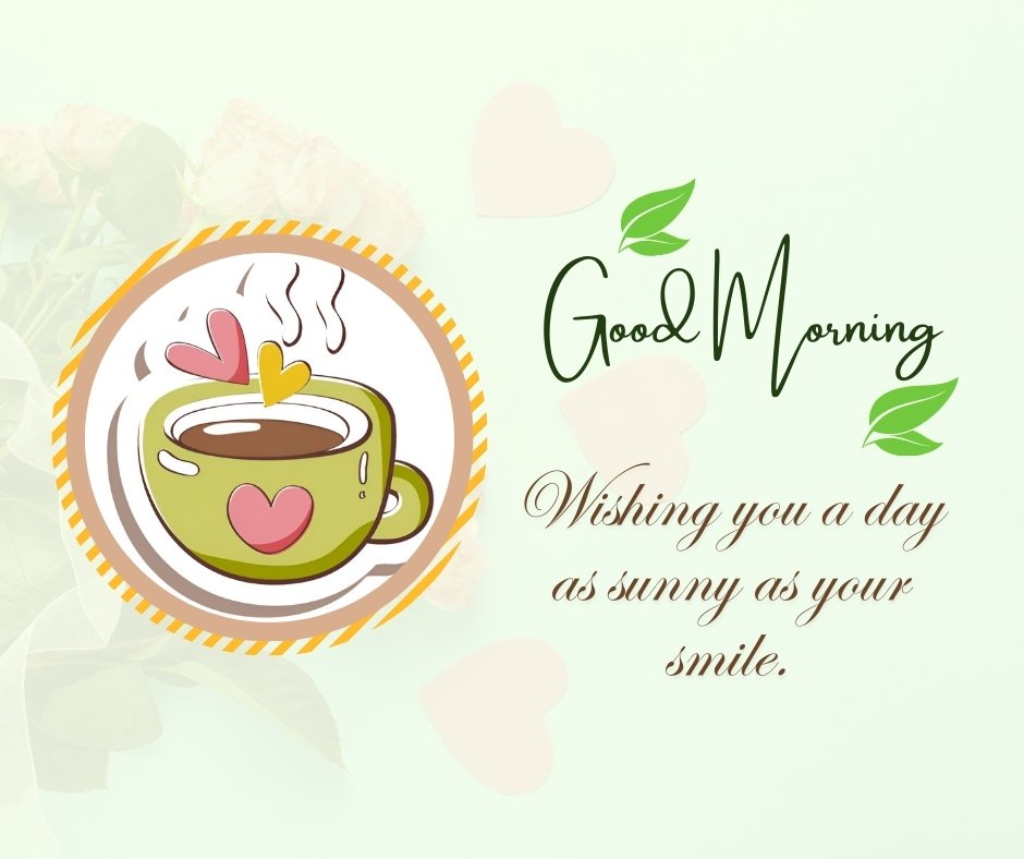 Good morning tea image displaying a cheerful illustration of a green cup of tea with heart designs, set against a soft background adorned with leaf motifs and gentle hearts, expressing a bright and loving morning greeting.
