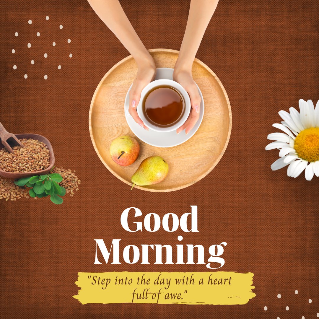 Good morning tea image featuring a top-down view of hands gracefully holding a cup of tea on a wooden tray, surrounded by fresh pears, grains, and a bright daisy, evoking a sense of freshness and morning vitality.