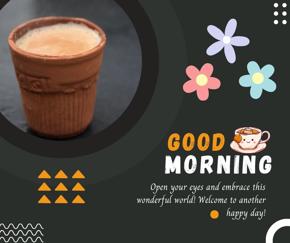 Good morning tea image showcasing a traditional terracotta cup filled with steaming tea, set against a backdrop decorated with playful floral illustrations and cheerful greetings.