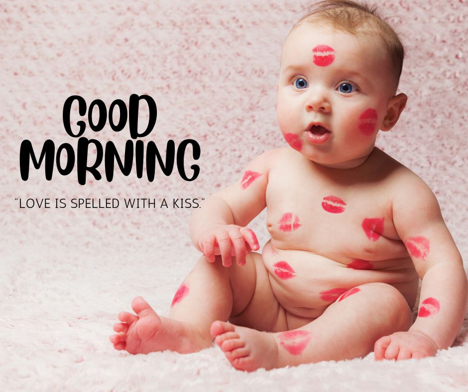 A cute baby with blue eyes sits on a soft pink blanket, covered in red lipstick kiss marks, with 'GOOD MORNING' text and a loving quote.